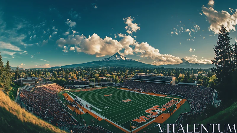 Wide-angle stadium panorama integrates mountainous horizon under clouds