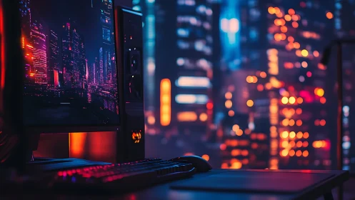 Neon-lit gaming setup overlooks a vibrant futuristic city