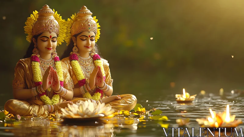 Divine twin deities in golden lake prayer at sunset.