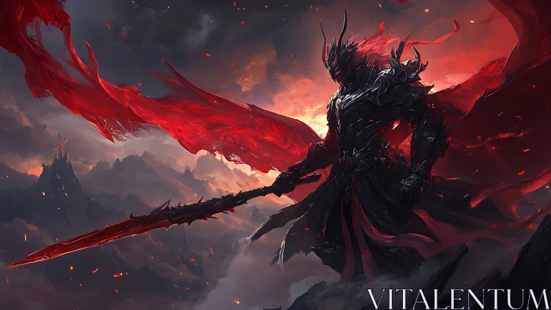 Hellforged warlord under burning crimson skies.