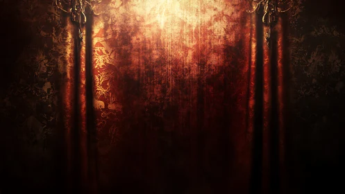 Golden light pours onto rich red curtains in quiet glow