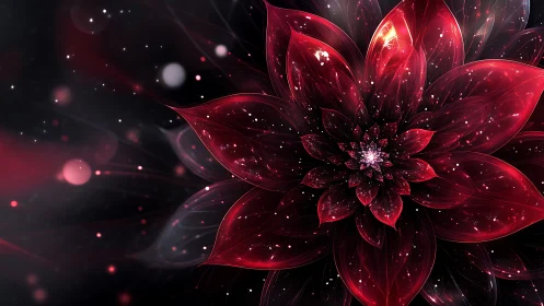 Digital red fractal flower on dark abstract background.