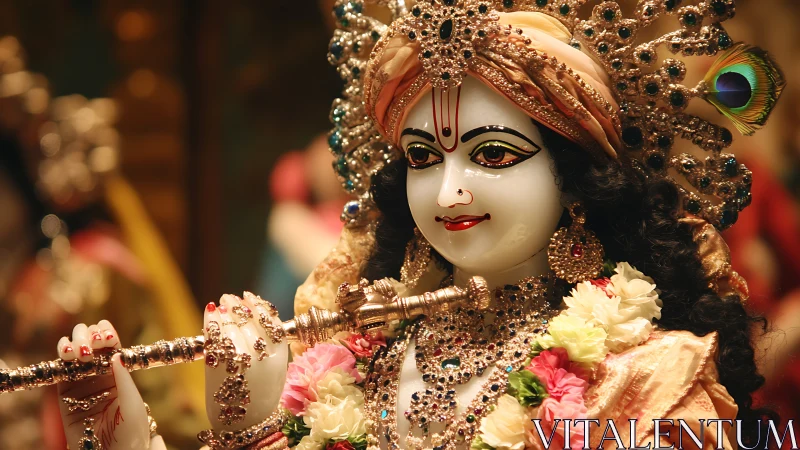 Jeweled flute player smiles through a halo of warm light