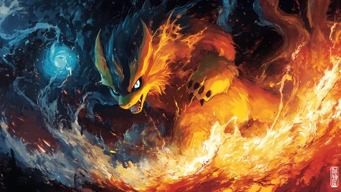 Fiery fox-like creature leaps through swirling elemental flames