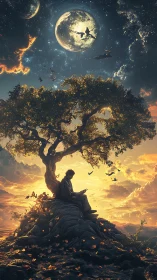 Man reading under lone tree beneath moons and sky.