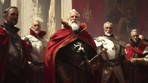 Group of armored elders in ornate red and white cloaks.
