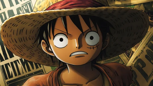 Wide-eyed straw-hat rebel glaring through bounty posters.