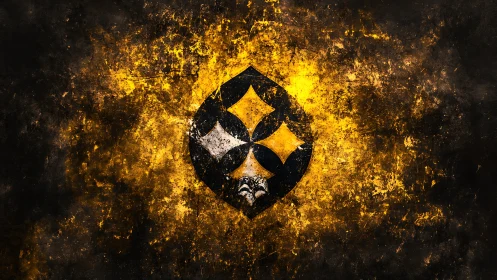 Grunge diamond emblem with lion motif on yellow field