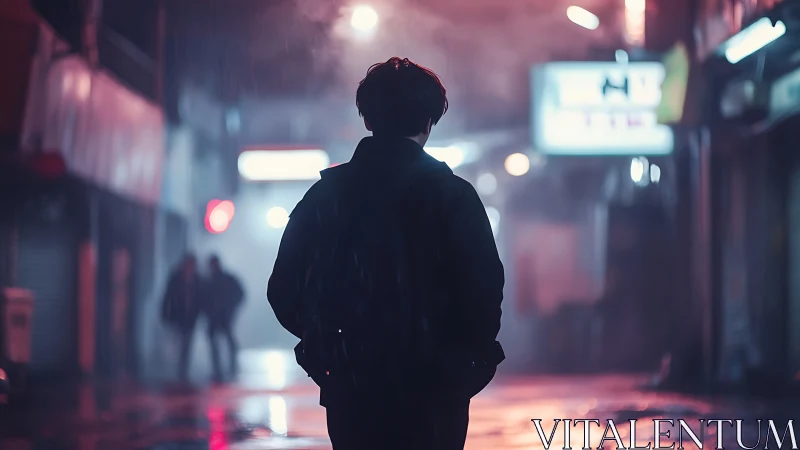 Midnight drifter in neon rainlit alleyway solitude.