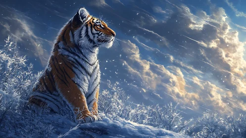 Winter tiger watching the stormlight roll across the sky.