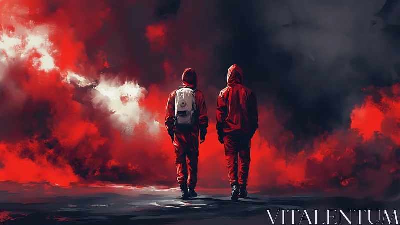 Two friends in red walk through a storm of glowing smoke.