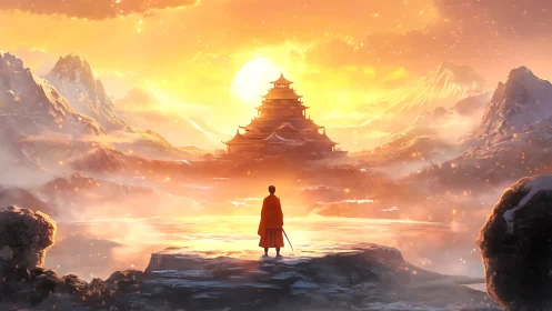 Sunlit mountain temple and lone wanderer in golden mist.
