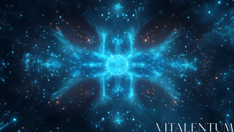 Symmetrical blue energy burst in deep space field.