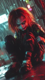 Creepy neon-soaked doll crouches in rain-drenched alleyway.