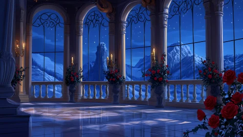 Interior gallery overlooks snow-covered mountains at night