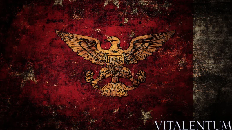 Battle-scarred crimson banner with golden heraldic eagle.