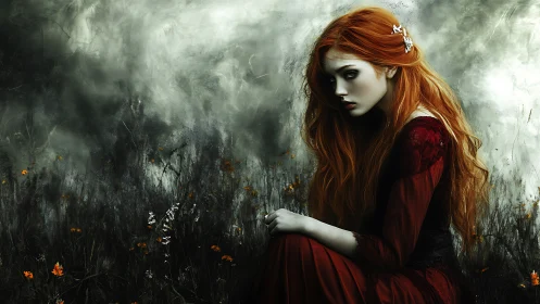 Digital painting of red-haired woman in misted wild meadow.