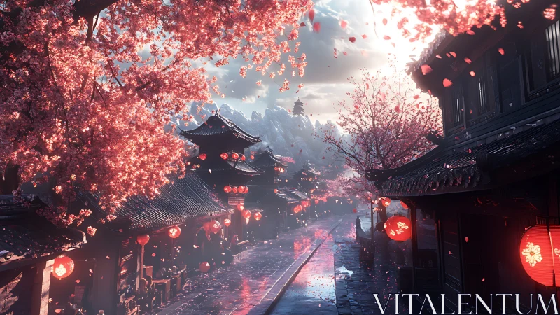Cherry blossom-lined street with traditional lanterns at dusk.