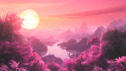 Neon pink moonrise bathes a dreamlike tropical valley in glow