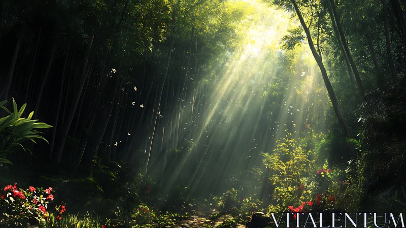 Dense Bamboo Grove with Volumetric Crepuscular Rays and Foreground Botanical Elements