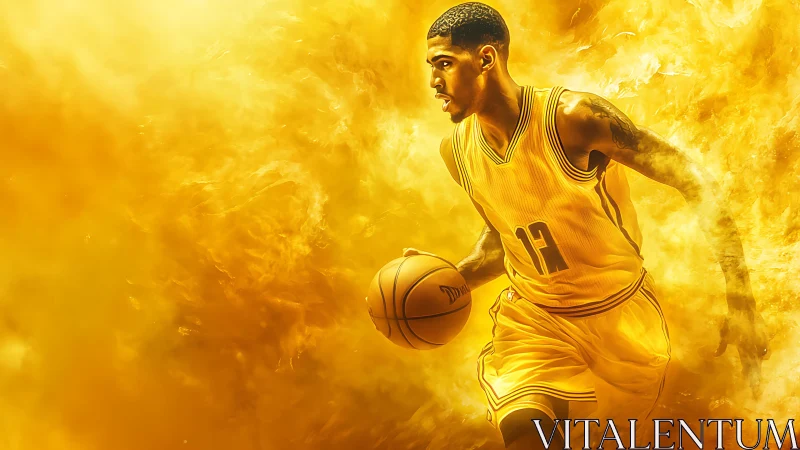 Basketball player drives forward through blazing yellow light