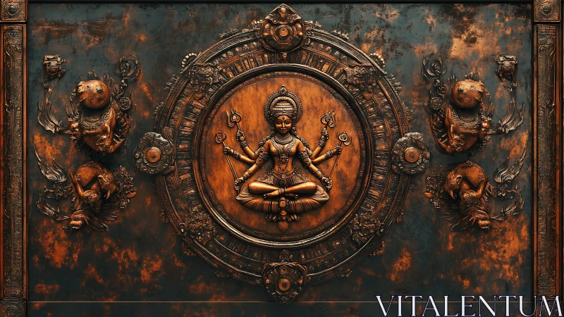 Ornate copper relief panel depicts meditating multiarmed deity