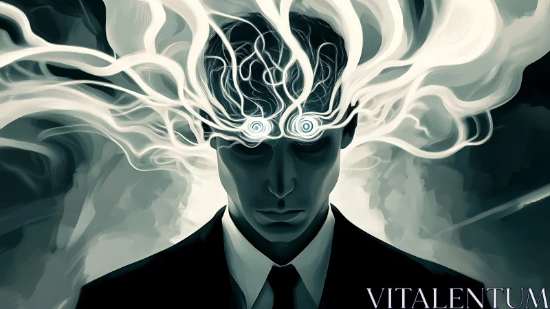 Surreal man in suit with swirling abstract mindscape.