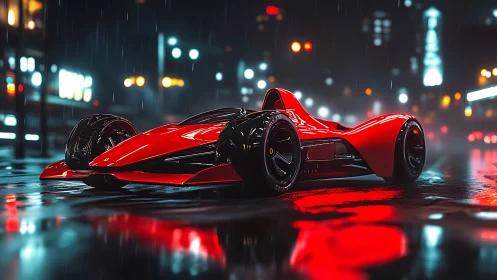 Futuristic red race car glows across wet neon city streets