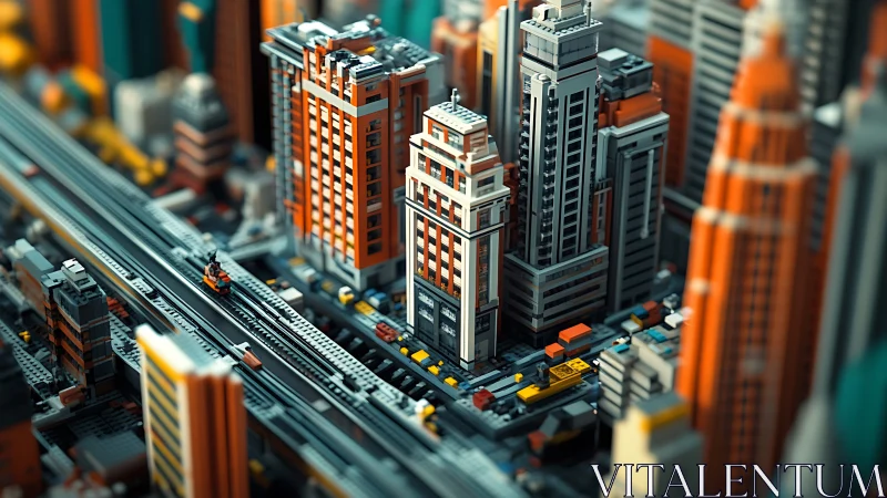 High-density LEGO cityscape with elevated rail transit line
