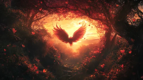 Winged phoenix silhouette in glowing heart shaped forest