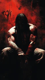 Brooding warrior rests in a storm of red light and shadow