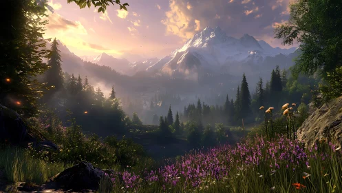 Mountain valley landscape with forest and wildflower meadow.