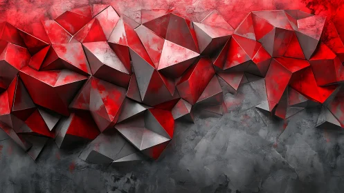 Bold red geometric shards rise from a smoky gray wall