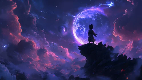 Lone anime hero gazes over glowing cosmic storm horizon