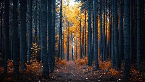Autumn Forest Path: Tall Pines with Golden Canopy Backlighting.