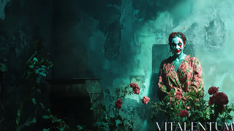 Chromatic clown figure amid decayed wall and saturated florals.