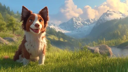 Border collie puppy in alpine meadow, golden hour lighting