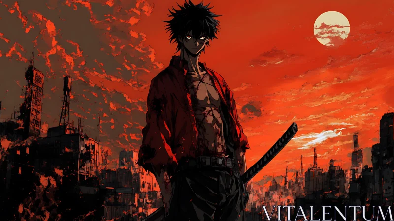 Bloodied swordsman stands over burning postwar city at dusk