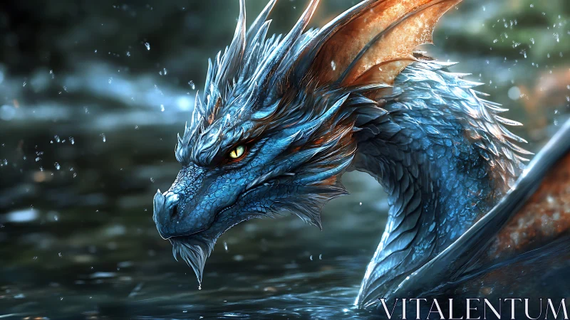 Blue dragon head emerging from water with glowing eyes.