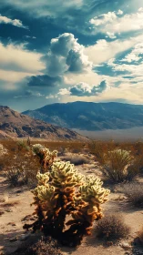 Sunlit desert cacti glow beneath towering cathedral clouds.