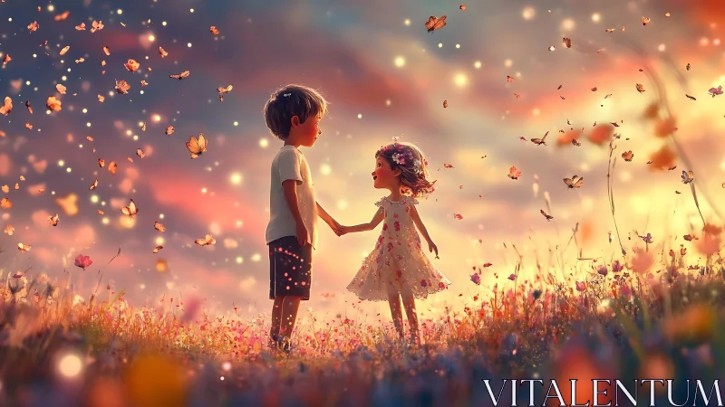 Two Children Dancing Through Golden Petals in Enchanted Meadow.