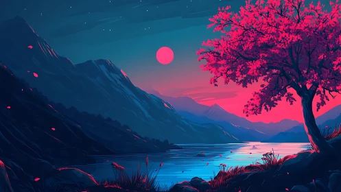 Neon dusk alpine lake with magenta blossom tree foreground