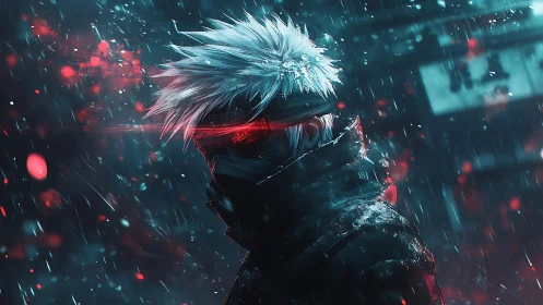 Cybernetic warrior in neon rain with red ocular visor engaged