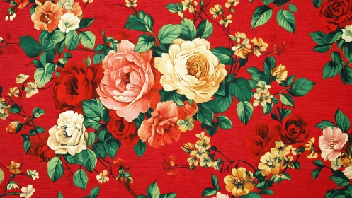 Bold peony bouquet pattern covers vivid red textile ground