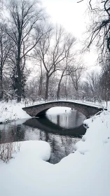 Stone footbridge over snowy winter river in quiet park.