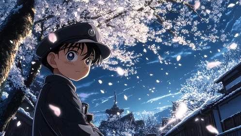 Schoolboy under cherry blossoms in night urban street scene.