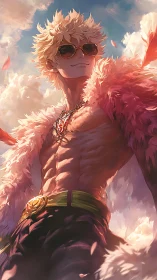 Sunlit anime hero in feathered coat above clouds.