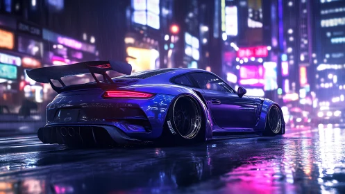 Widebody neon blue sport coupe in rainy cyberpunk city street