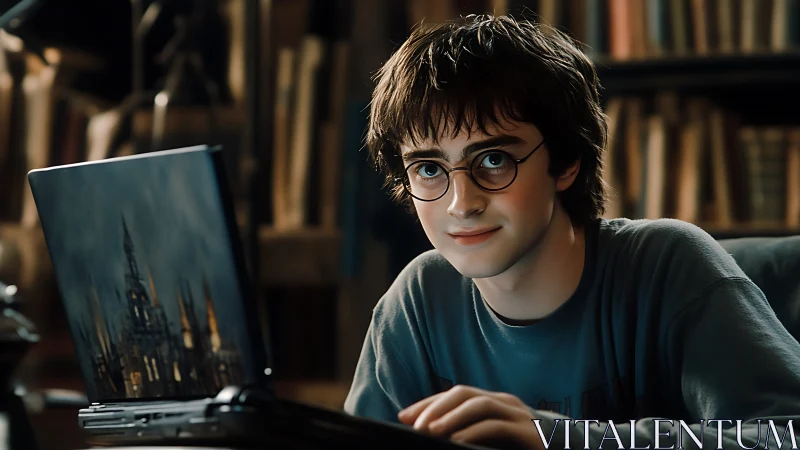 Young student with laptop in warm library workspace.