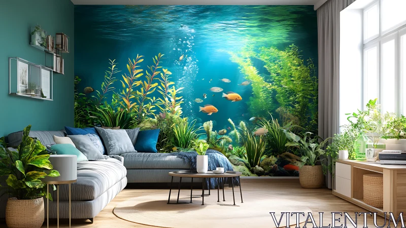 Underwater daydream lounge where coral-colored fish drift.